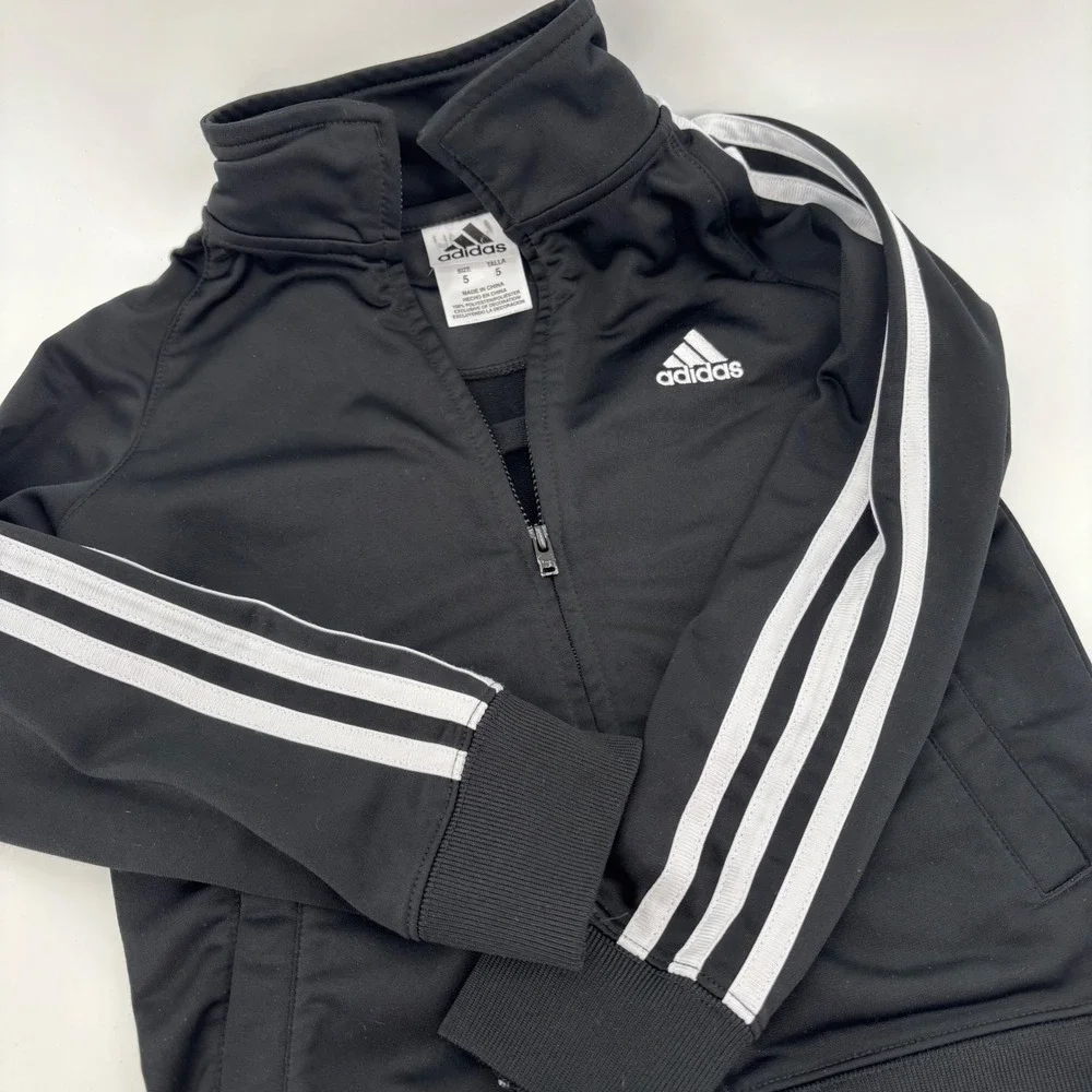 Adidas Kids Track Jacket Size 5 Black 3-Stripe Full Zip Active Athleisure Sporty